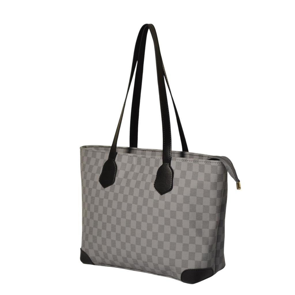 Gray checkered handbag with black handles and trim on a white background