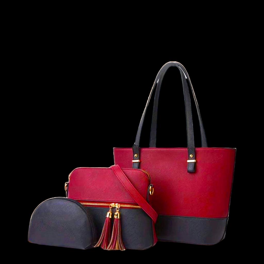 Red and black handbag with a smaller matching pouch on a black background