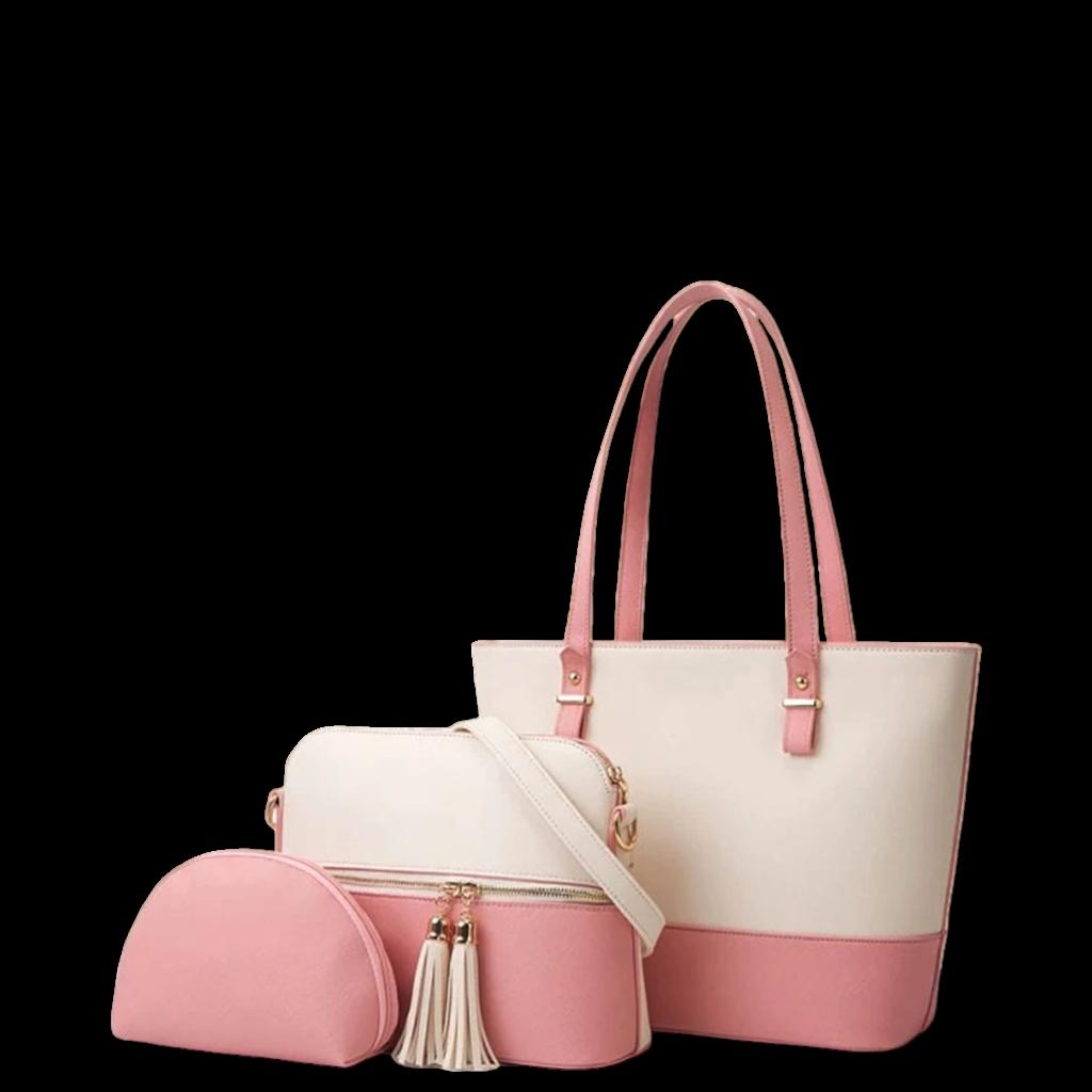 Set of pink and white handbags on a black background