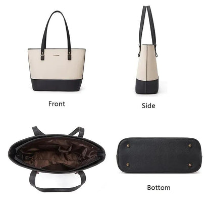 Black and beige handbag shown from front, side, and bottom angles on a white background.