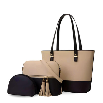 Beige and black handbag set with a smaller pouch on a white background