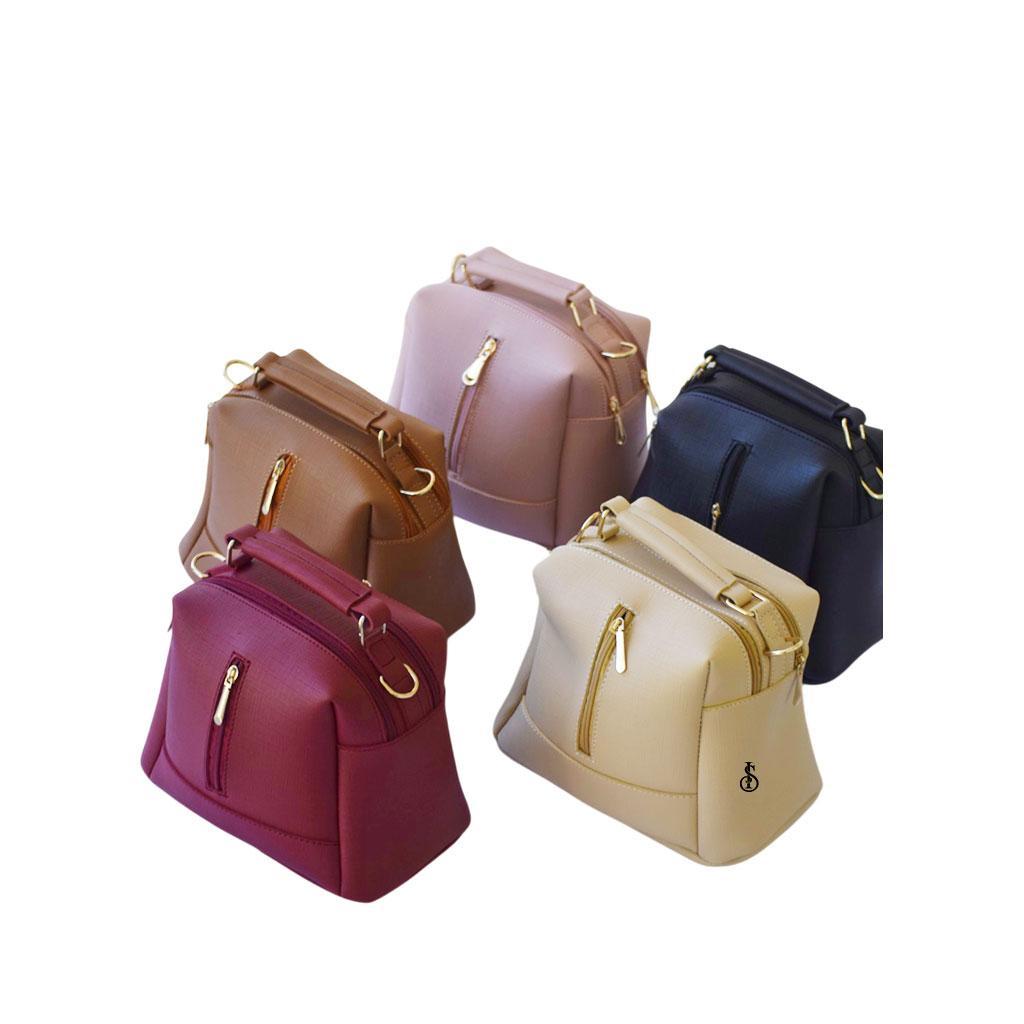 Five handbags in different colors on a white background