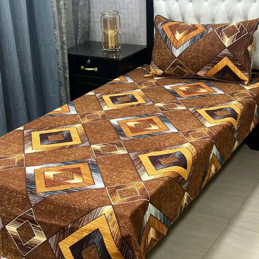Bed with a brown geometric patterned cover and matching pillows in a bedroom setting.