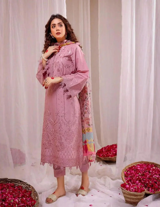 3 Pcs Lawn Embroidered Suit with Digital Dupatta - Peach | Summer Collection