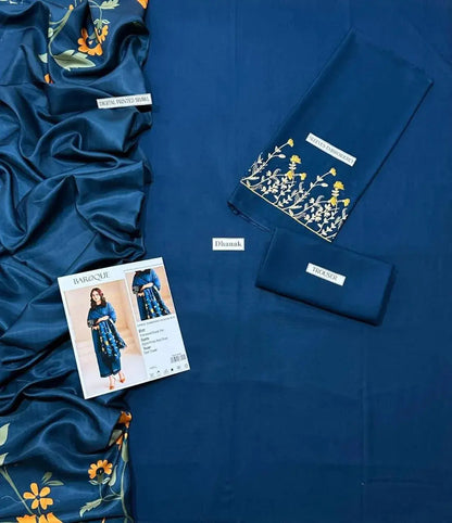 Blue fabric with floral patterns and a product card on a matching blue background