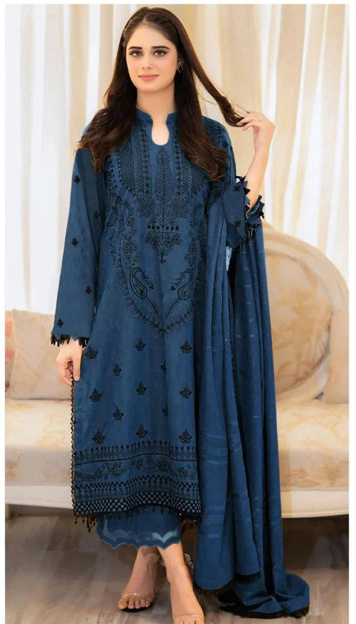 Premium 3 Pcs Unstitched Embroidered Dhanak Suit - SHOPITX