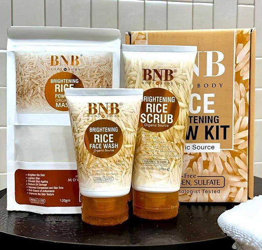 BNB Body & Beauty rice skincare products on a tiled wall background