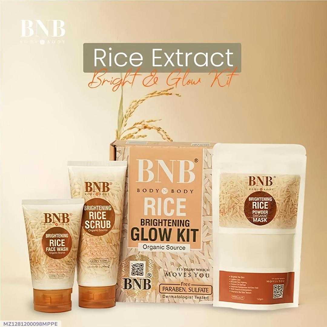 BNB Rice Extract Bright & Glow Kit with rice extract packaging on a beige background