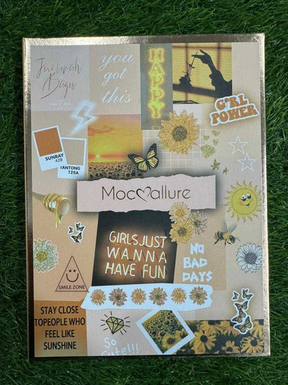 Decorative paper pack with motivational phrases and illustrations on a grass background