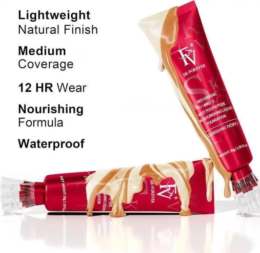 Two SK-FOREVER makeup products with text highlighting features on a white background