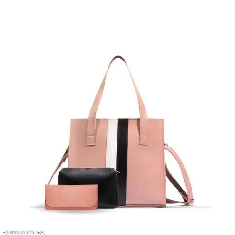 Pink handbag with a black stripe on a white background
