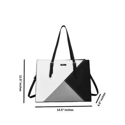 Black and white handbag with measurements on a white background