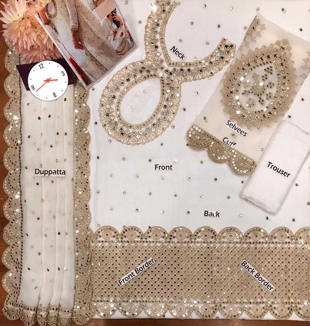 Fabric with sequin details labeled for different parts of a garment on a white background.