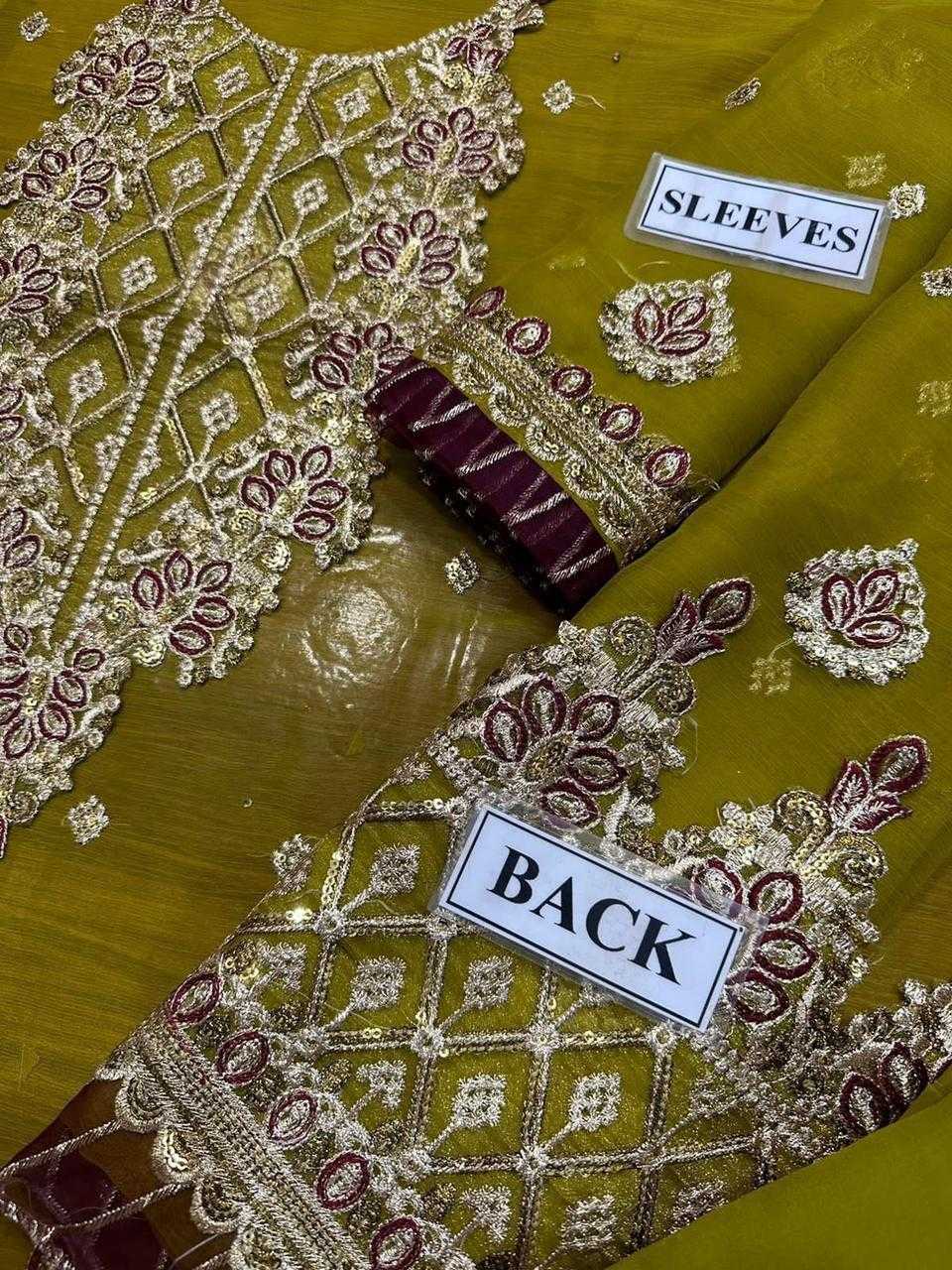 Embroidered fabric with 'SLEEVES' and 'BACK' labels on a yellow background