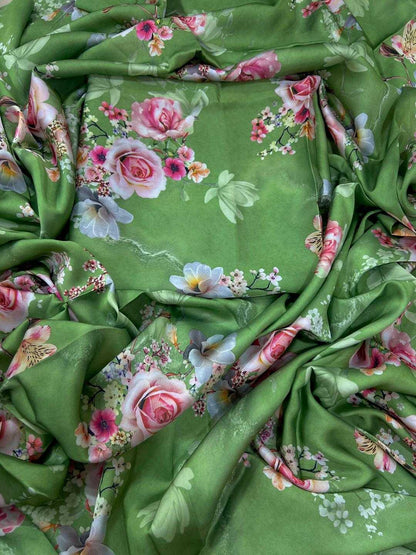Green fabric with floral pattern