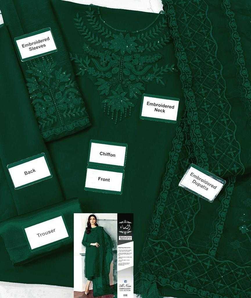 Green embroidered garment with labeled parts and a model wearing the garment.