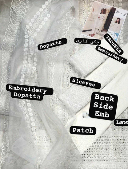 White embroidered fabric with labeled parts on a white background
