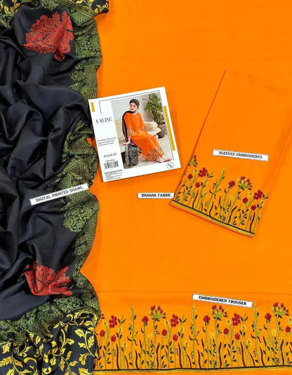Orange fabric with embroidered patterns and a digital printed design, featuring a fashion model image.