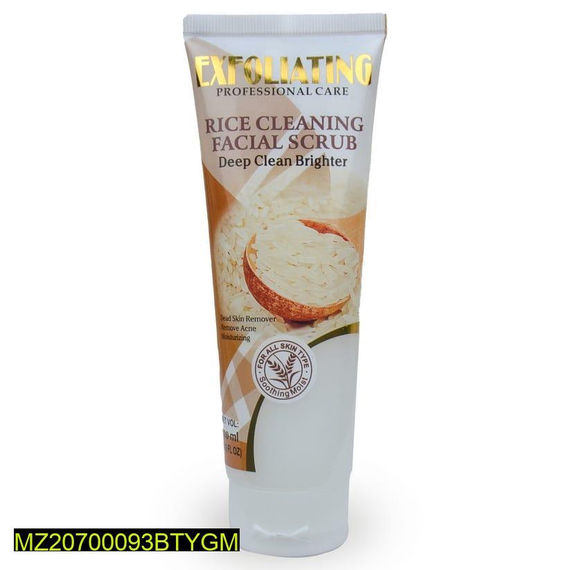 Tube of rice cleaning facial scrub with branding on a white background