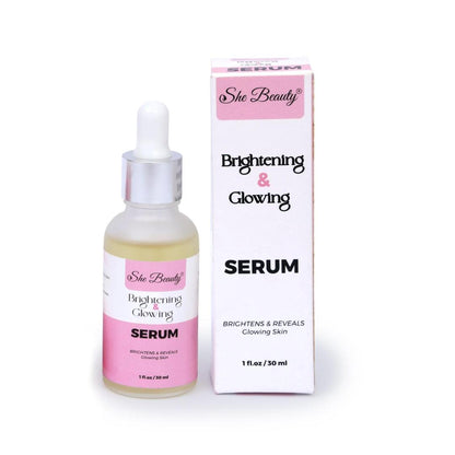 She Beauty Brightening & Glowing Serum bottle and packaging on a white background