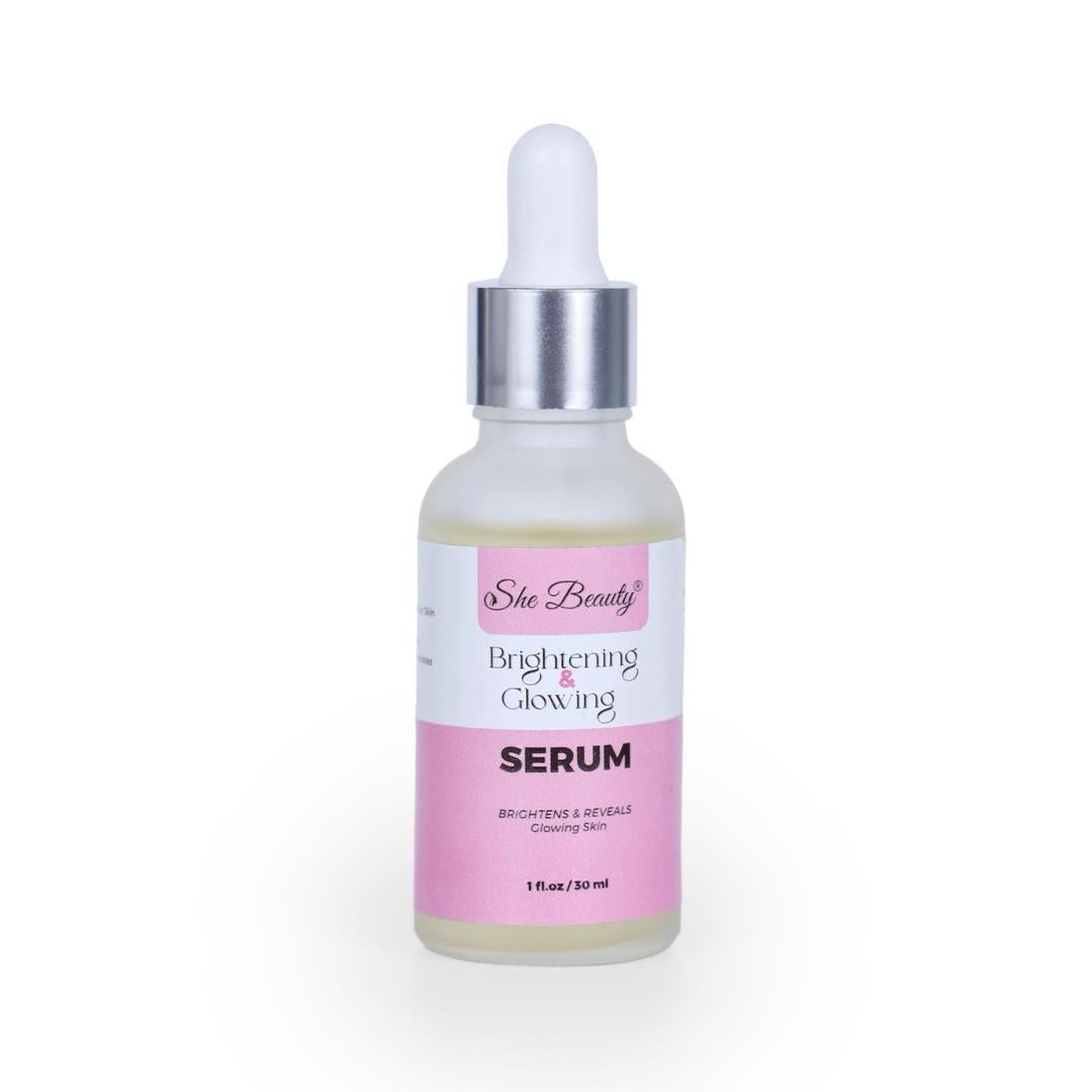 She Beauty serum bottle with dropper on a white background