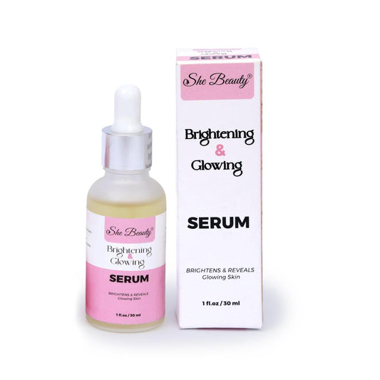 She Beauty Brightening & Glowing Serum bottle and packaging on a white background