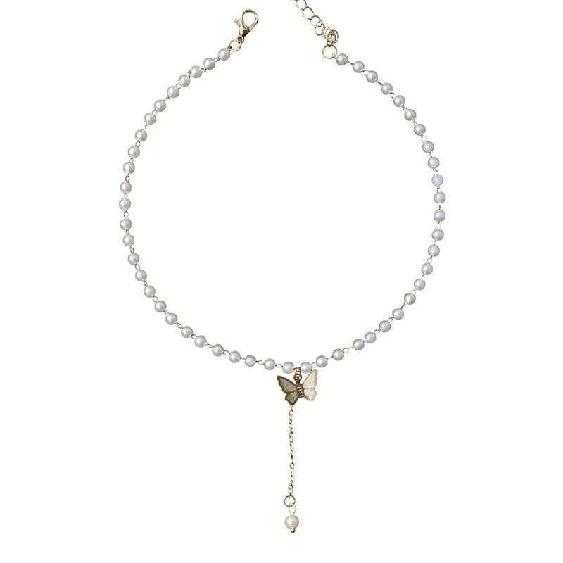 Pearl necklace with a butterfly pendant on a white background