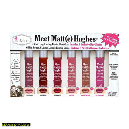 Packaging of 'Meet Matt(e) Hughes' mini liquid lipsticks by theBalm on a white background.