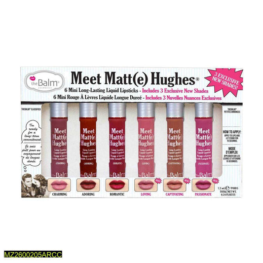 Packaging of 'Meet Matt(e) Hughes' mini liquid lipsticks by theBalm on a white background.