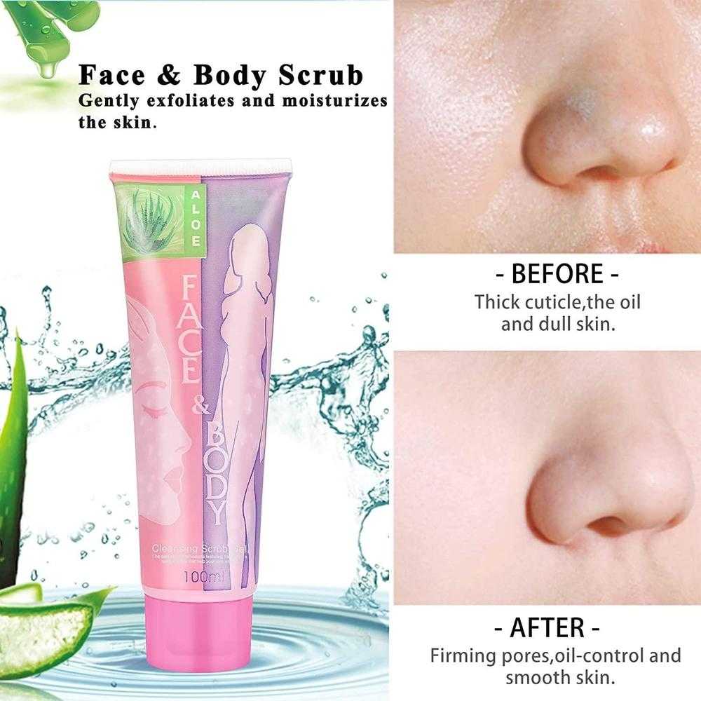 Tube of face and body scrub with before and after effects on skin