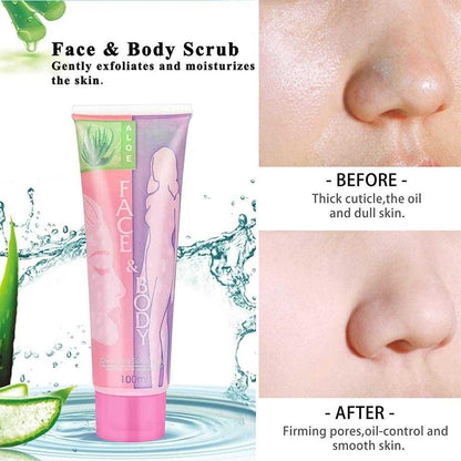 Tube of face and body scrub with before and after effects on skin