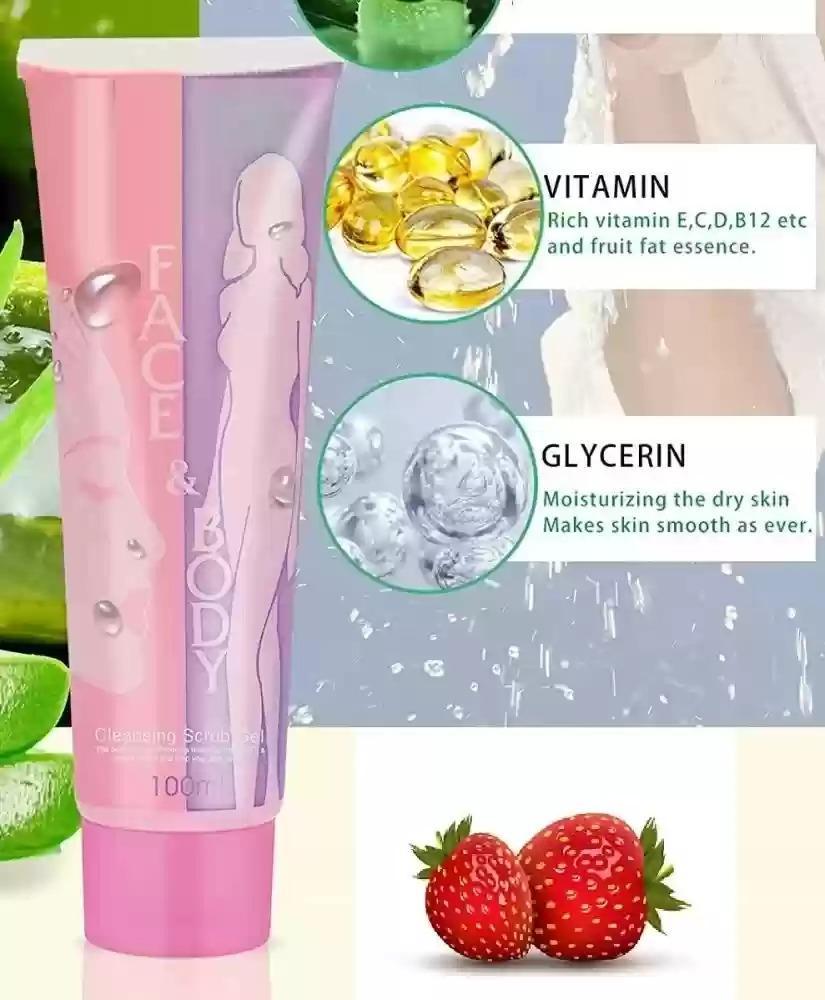 Pink tube of 'Face & Body' cream with vitamin and glycerin text, surrounded by green leaves and strawberries.