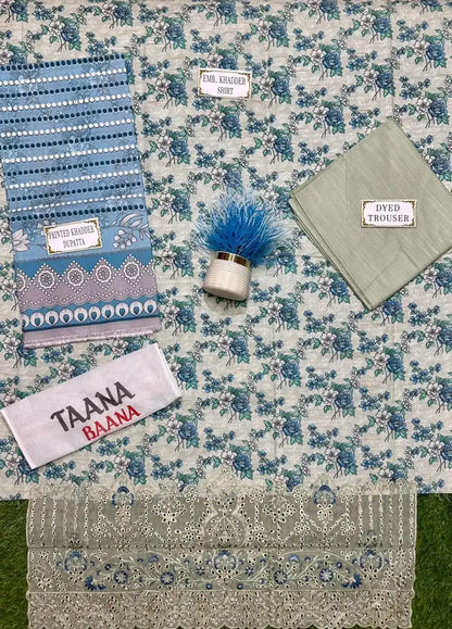 Fabric samples on a floral patterned fabric background with visible brand labels.