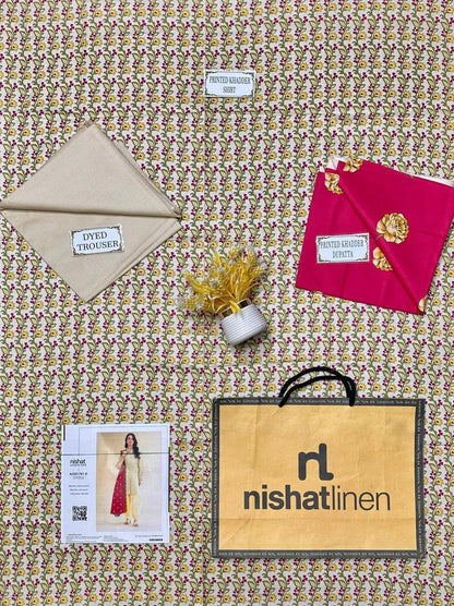 Fabric samples and a Nishat Linen bag on a patterned fabric background