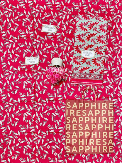 Product packaging with floral pattern and 'Sapphire' branding on a pink background
