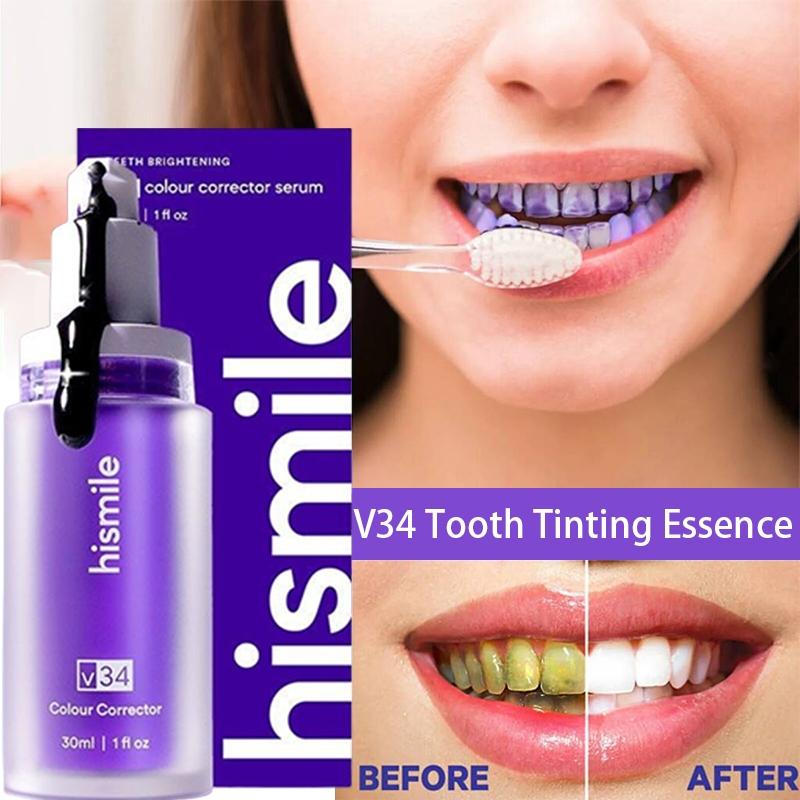 Hismile tooth tinting essence product with a woman applying it to her teeth, showing before and after effects.