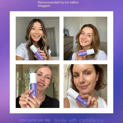 Four women holding a skincare product with a purple background and text about recommendations from bloggers.