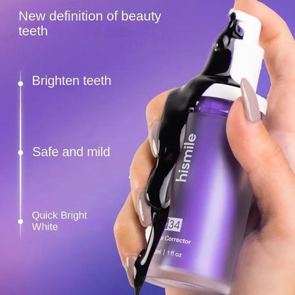 Hand holding a tooth whitening product with text on a purple background
