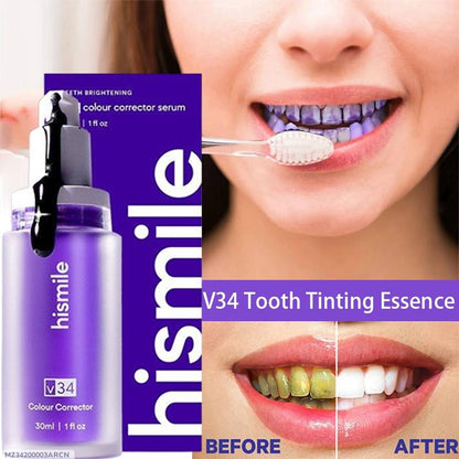 Hismile V34 Tooth Tinting Essence with before and after effects on teeth.
