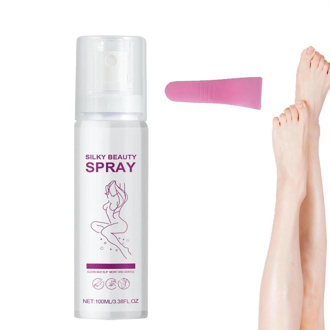 Silky Beauty spray bottle with a pink applicator and a person's legs on a white background
