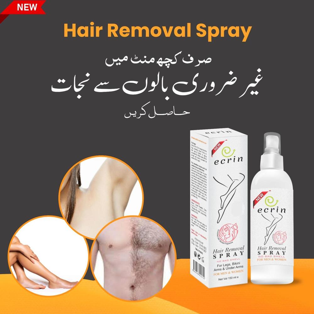 Ecrin hair removal spray with packaging and before-and-after images on a dark background