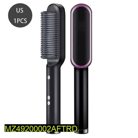 Black and pink hair straightening brush on a white background with 'US 1PCS' text.