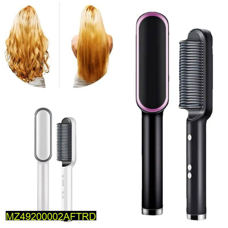 Hair straightener with different attachments and styled hair on a white background