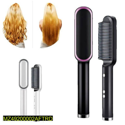 Hair straightener with different attachments and styled hair on a white background