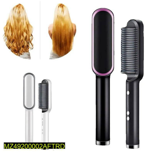 Hair straightener with different attachments and styled hair on a white background
