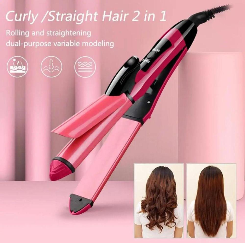 Pink and black hair straightener with dual functionality on a pink background