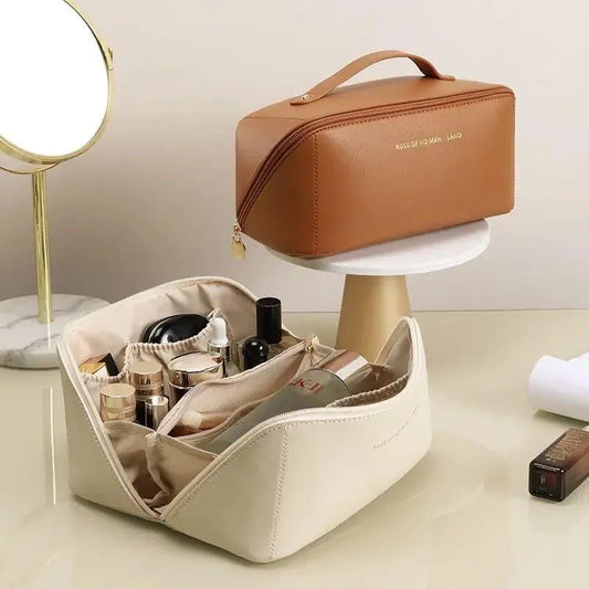 Cosmetic bag with products on a vanity table