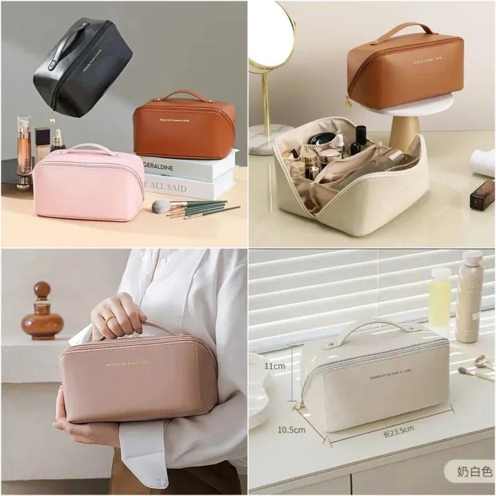 Collage of various cosmetic bags in different colors and settings.