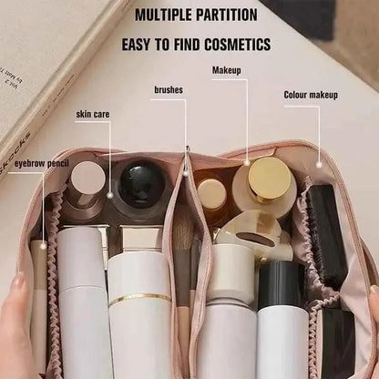 Makeup organizer with labeled compartments for various cosmetic items.