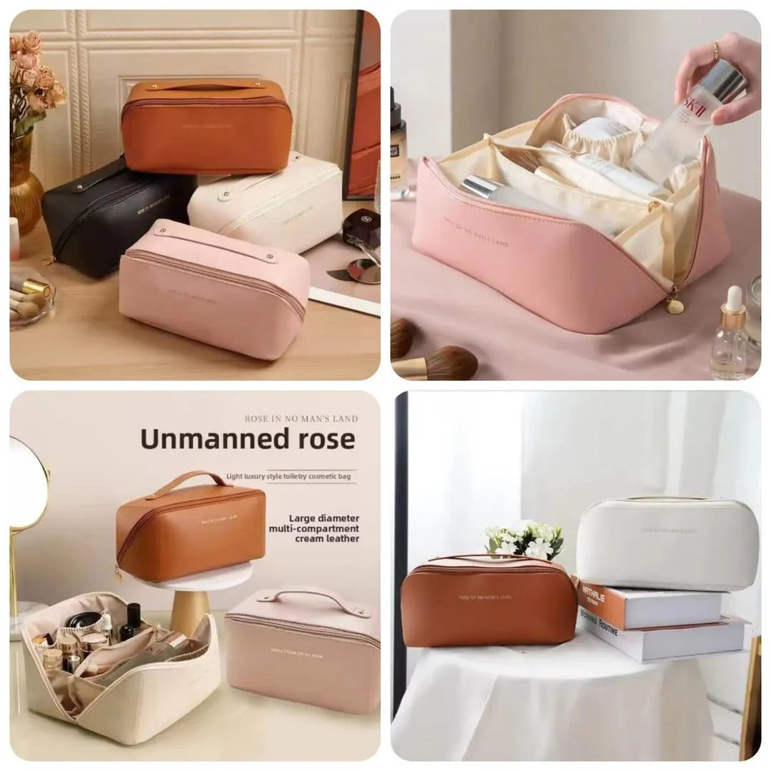 Collage of various cosmetic bags in different colors and styles.